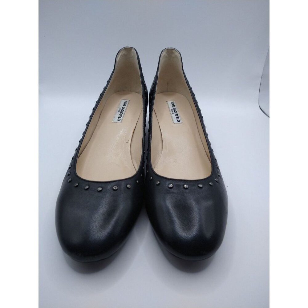 Karl Lagerfeld Black Leather Studded Wedge Heel Shoes Size 6.5